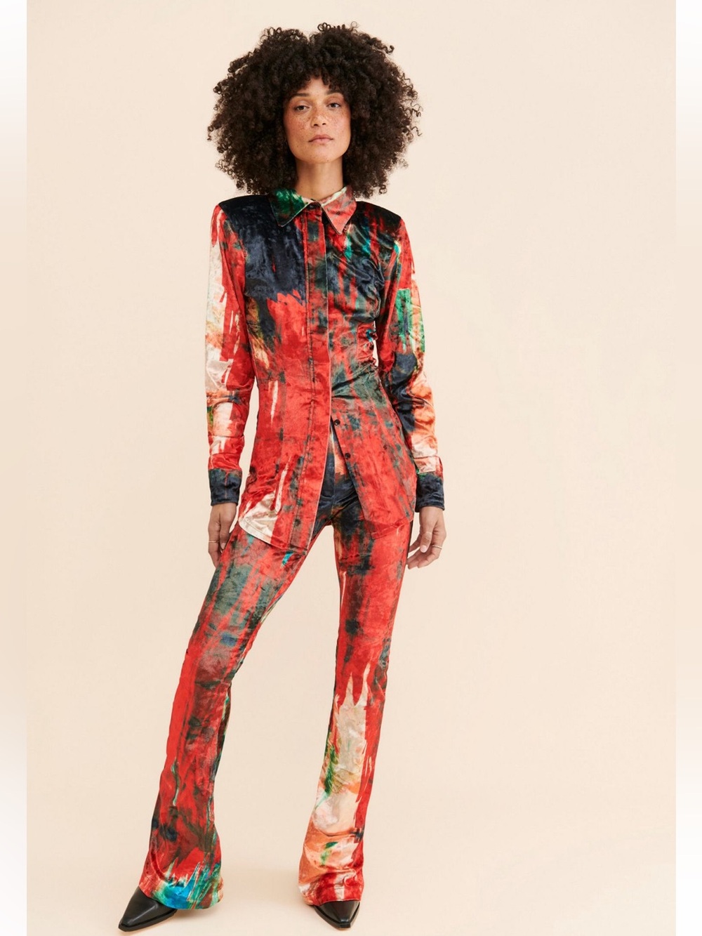 Rendoll Santana Velvet Tie-Dye Button-Front Blouse and Pants Size 6